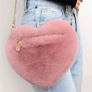 3 for $26 Soft Pink Heart Shaped Fluffy Crossbody or Shoulder Bag w/ Gol…